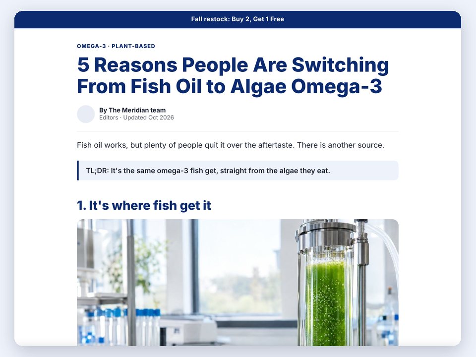 A listicle page titled 5 reasons people are switching from fish oil to algae omega-3